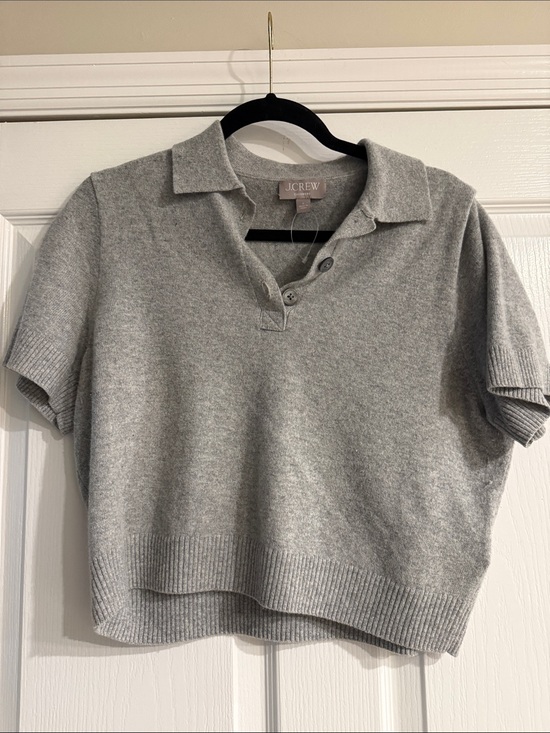 J. Crew Sweaters - J. Crew Light Gray Cashmere CroppedShort-Sleeve V-Neck Polo Sweater